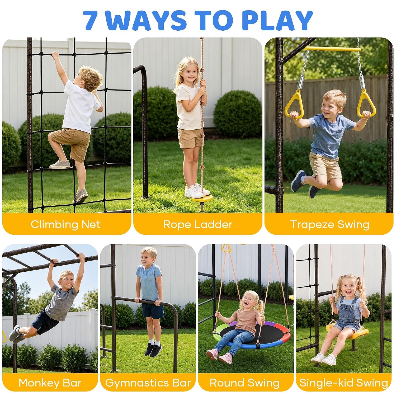 Kids Outdoor Jungle Gym - 7-in-1 야외 정글짐 몽키바 스윙 클라이밍